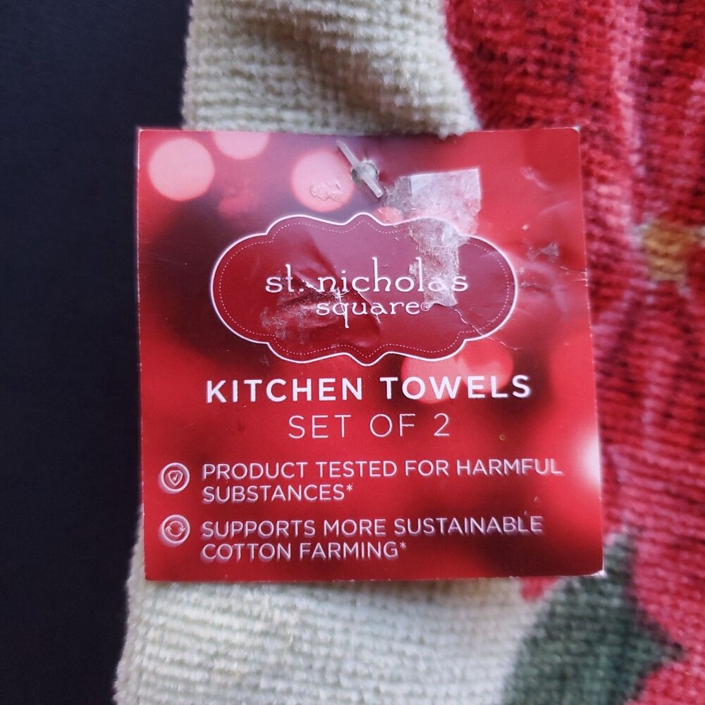 St Nicholas Square Christmas Kitchen Hand Towel Set 2 Deck the Halls Poinsettia - Picture 4 of 6